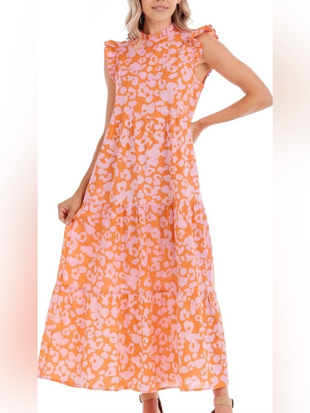 Mud Pie Orange Maxi Dress with Pink Floral Print
